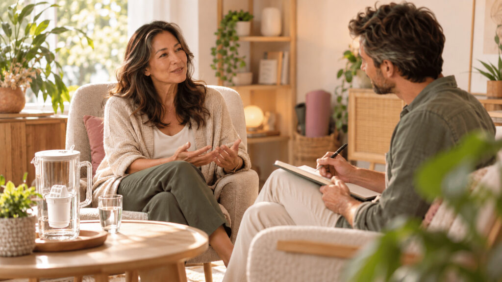 Femme d’environ 55 ans échangeant avec un naturopathe-sophrologue dans un cabinet chaleureux pendant la ménopause.