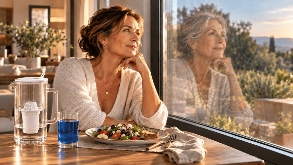 Femme d’une cinquantaine d’années devant une baie vitrée où son reflet apparaît vingt ans plus tard, avec un repas méditerranéen, une carafe filtrante et un verre de phycocyanine.