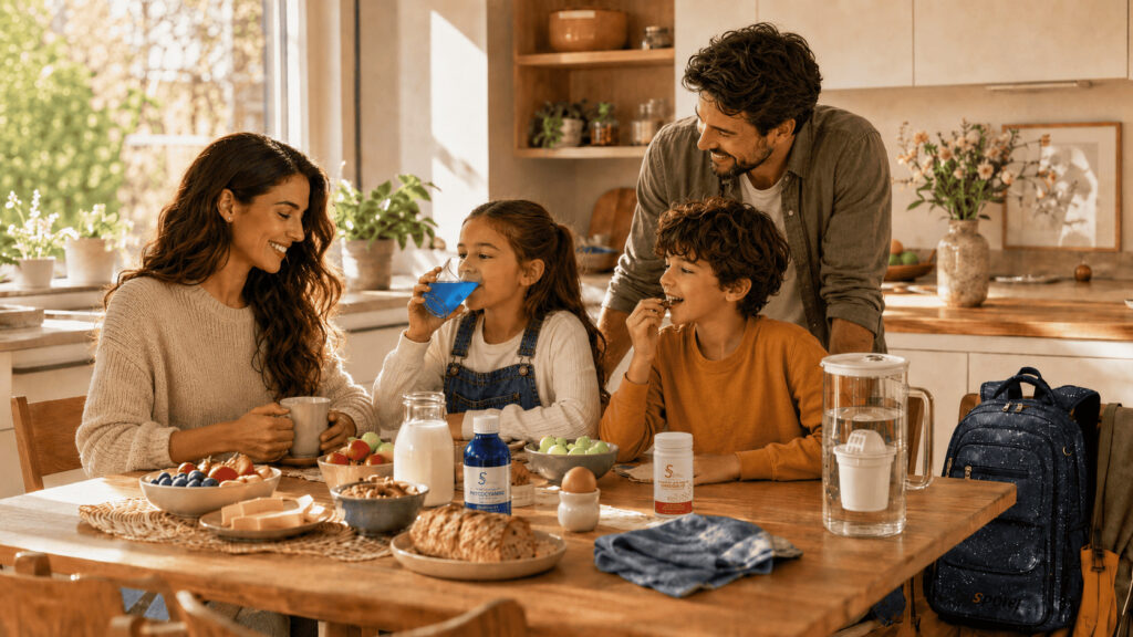 Famille au petit-déjeuner avant l’école avec une carafe d’eau, de la phycocyanine et des oméga 3
