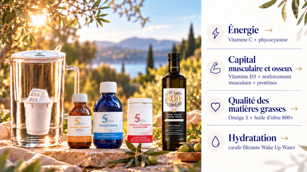Solutions Wake Up pour accompagner la périménopause et la ménopause : vitamine C, phycocyanine, oméga 3, vitamine D3, huile d’olive 800+ et carafe filtrante Wake Up Water.
