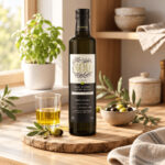 Bouteille d’huile d’olive vierge extra 800 Plus Wake Up dans une cuisine lumineuse, entourée d’olives et de branches d’olivier.