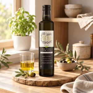 Bouteille d’huile d’olive vierge extra 800 Plus Wake Up dans une cuisine lumineuse, entourée d’olives et de branches d’olivier.