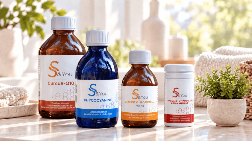 Pack Pure Puissance S&You de Wake Up avec Curcu8-Q10, Phycocyanine, Vitamine C Liposomale et Oméga 3 – Vitamine D3 – Astaxanthine, présenté dans un article sur les bouffées de chaleur à la périménopause