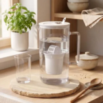 Carafe filtrante Wake Up Water posée dans un intérieur lumineux, illustrant l’importance de l’hydratation pendant la périménopause et la ménopause