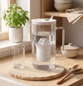 Carafe filtrante Wake Up Water posée dans un intérieur lumineux, illustrant l’importance de l’hydratation pendant la périménopause et la ménopause